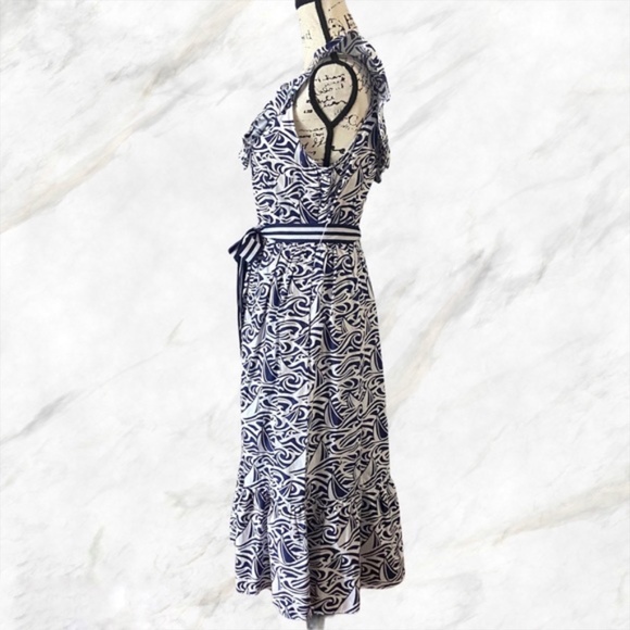 Vineyard Vines Blue & White Sleeveless Ruffle Neck Dress w/ Pockets Medium - Picture 5 of 12